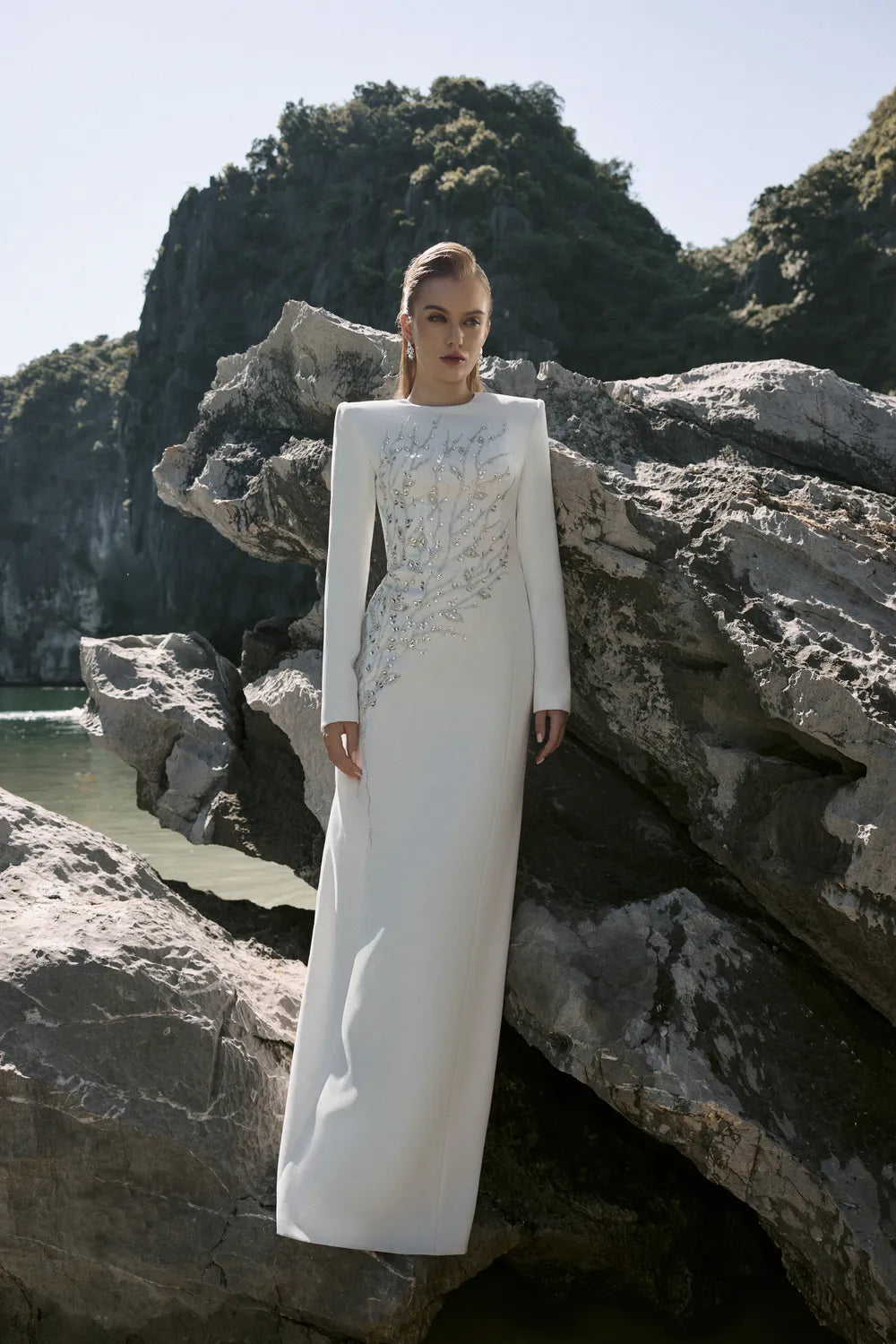 Padded Shoulder Crystal Embellished Straight Dress